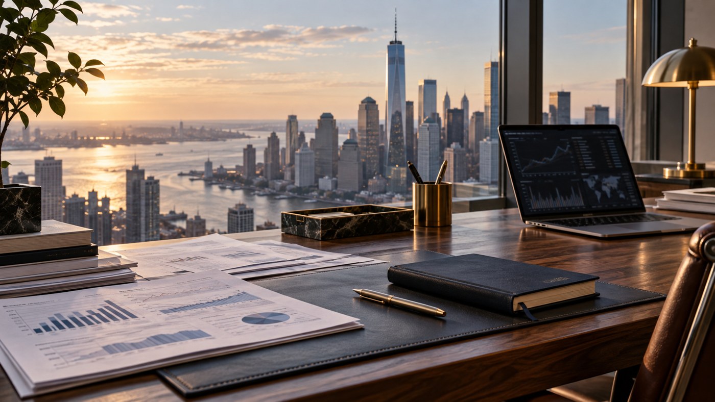 Conceptual financial research desk with reports and a Manhattan skyline